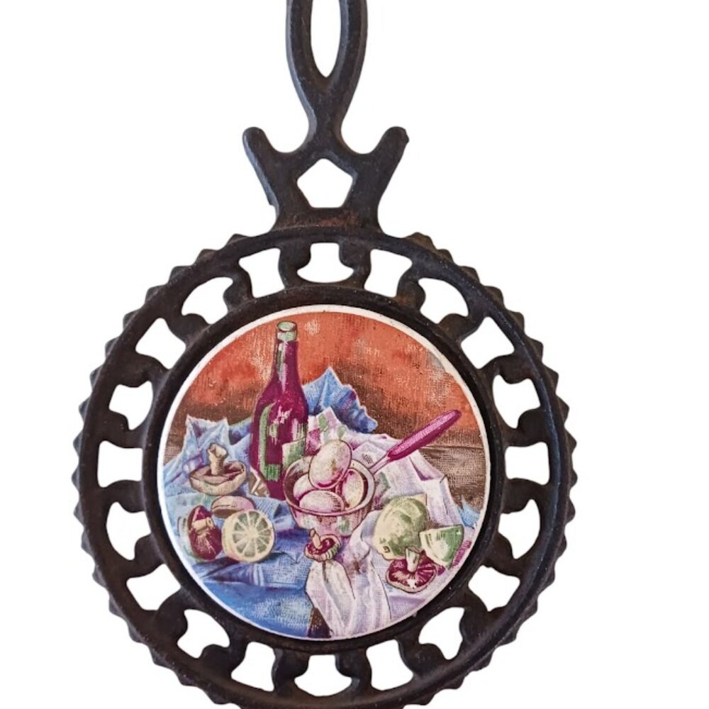 Vintage Enesco Cast Iron Trivet Tile Wine Still Life Japan